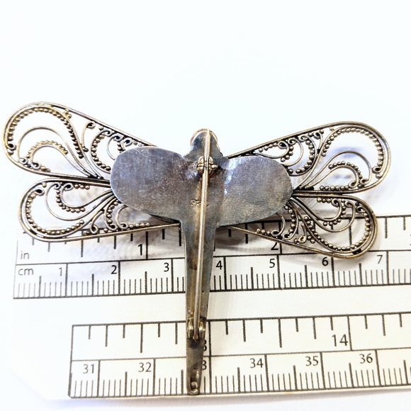 Large Sterling Silver Beaded Amber Dragonfly Brooch Vintage - Picture 4 of 5